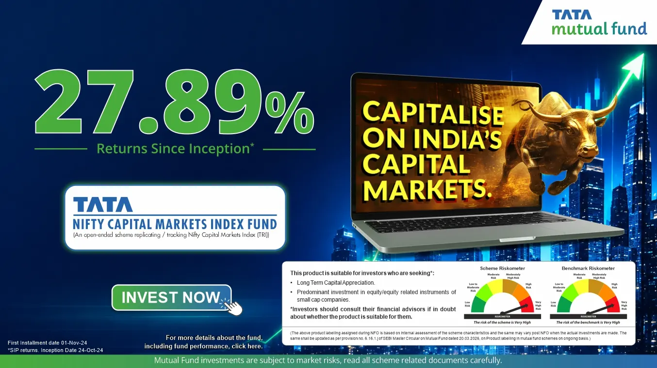 Tata Nifty Capital Markets Index Fund banner highlighting returns since inception and India’s financial ecosystem