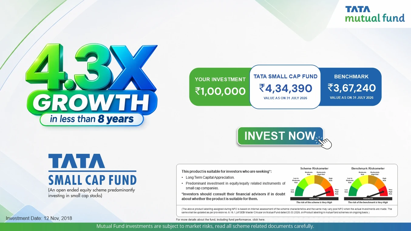 Tata Small Cap Fund banner highlighting returns compared to its benchmark